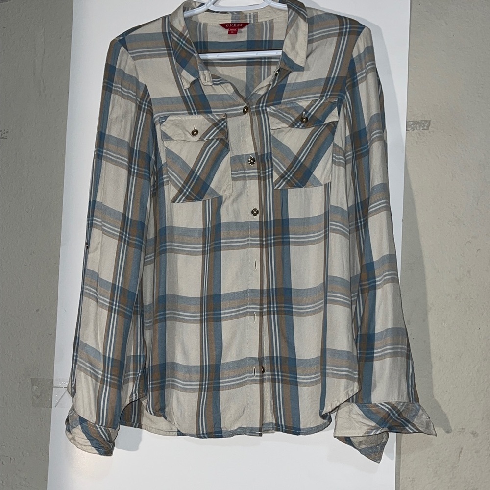 Guess Beige and Blue Plaid Button Down Shirt
